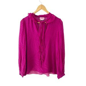 Kate Spade Fuchsia Purple 100% Silk Tie Neck Ruffle Dot Pattern Blouse‎
